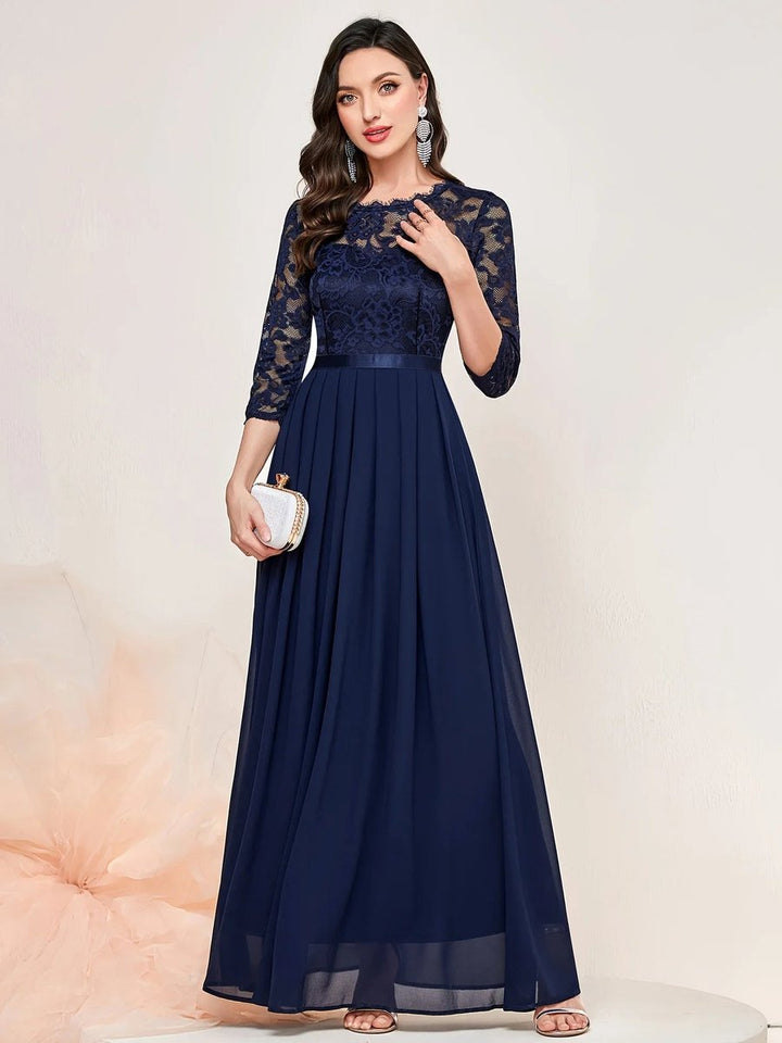 Women's Lace Bodice Quarter-Sleeve Pleated Formal Dresses Maxi Gown