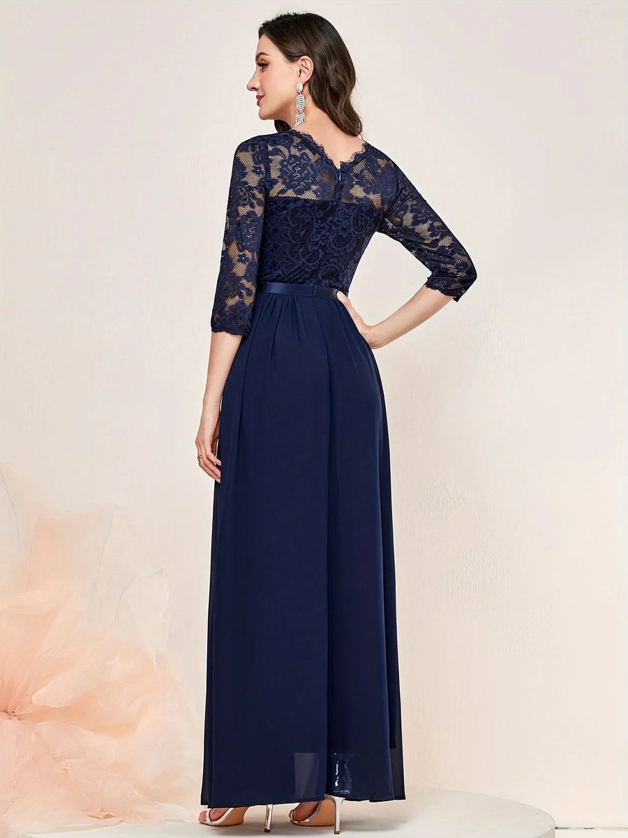 Women's Lace Bodice Quarter-Sleeve Pleated Formal Dresses Maxi Gown