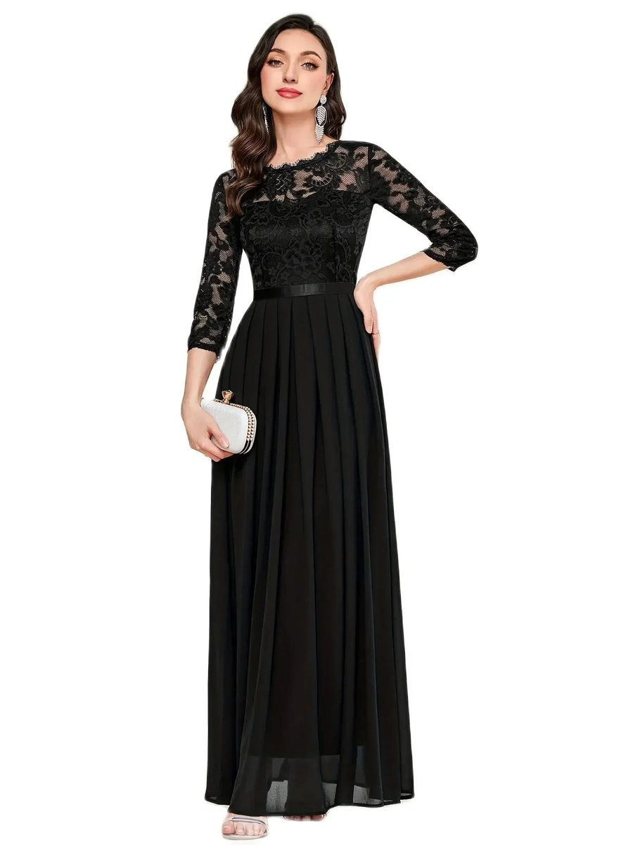 Women's Lace Bodice Quarter-Sleeve Pleated Formal Dresses Maxi Gown