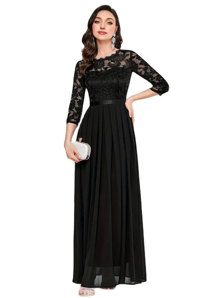 Women's Lace Bodice Quarter-Sleeve Pleated Formal Dresses Maxi Gown