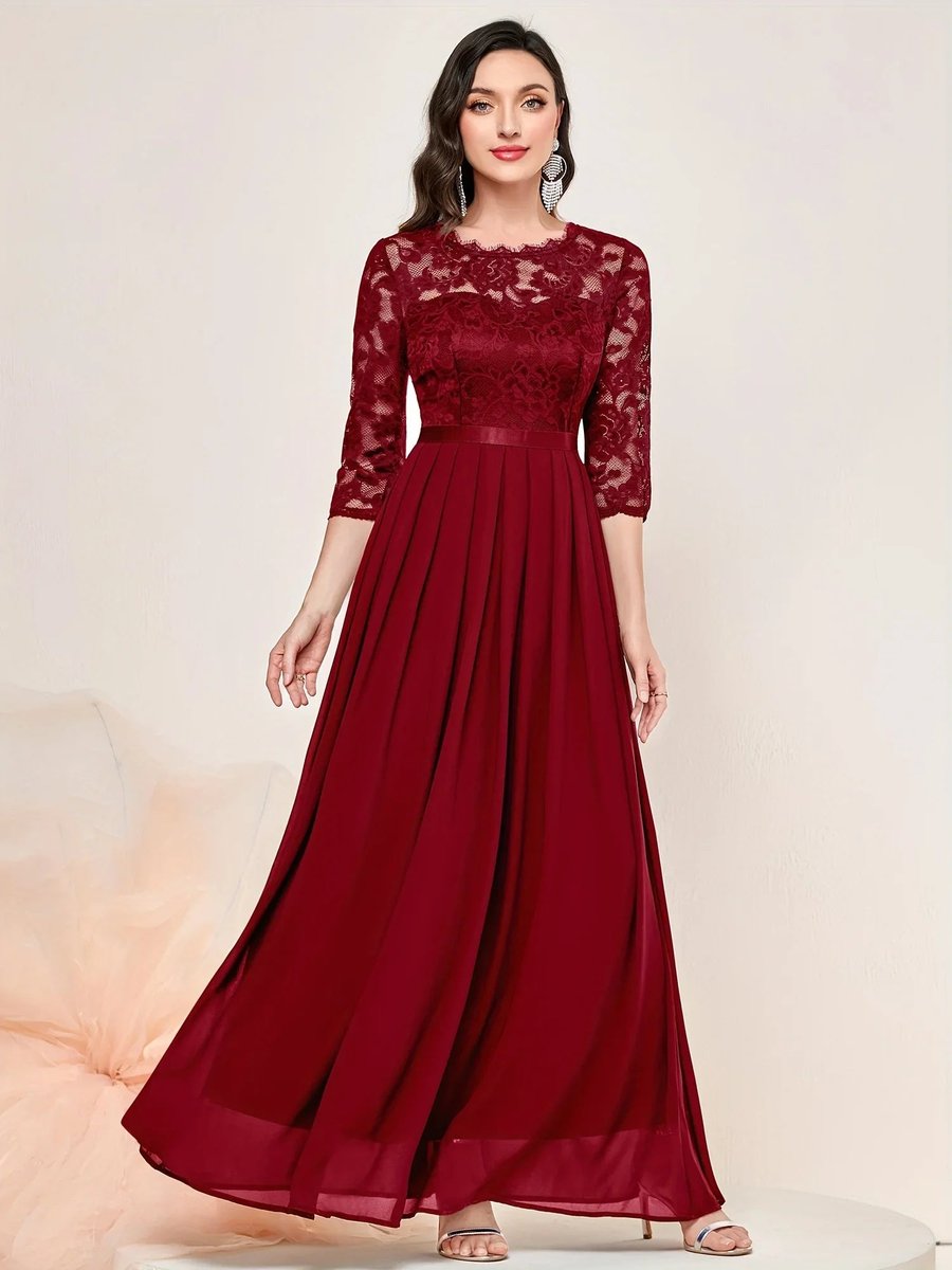 Women's Lace Bodice Quarter-Sleeve Pleated Formal Dresses Maxi Gown