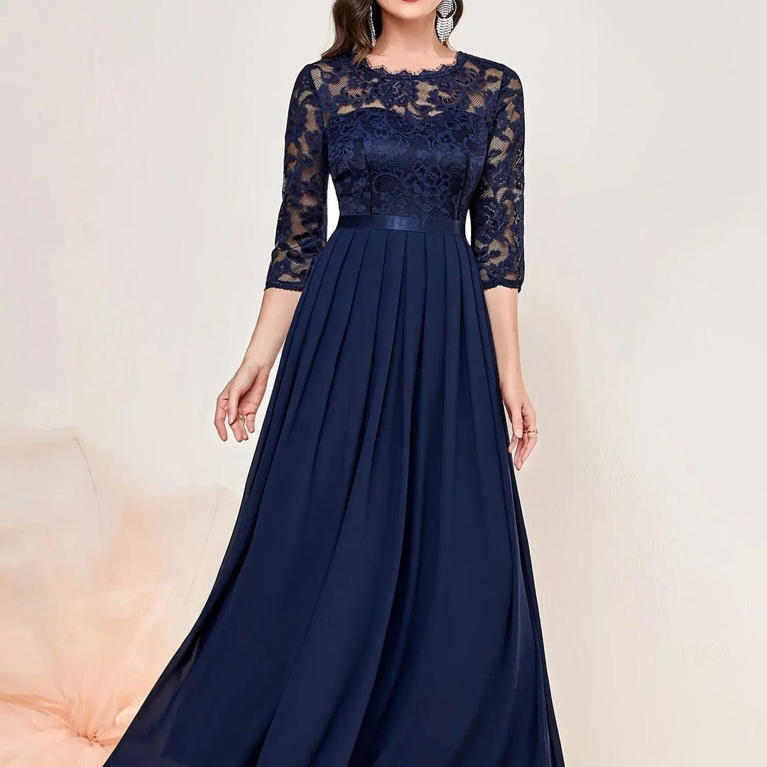 Women's Lace Bodice Quarter-Sleeve Pleated Formal Dresses Maxi Gown - Blue