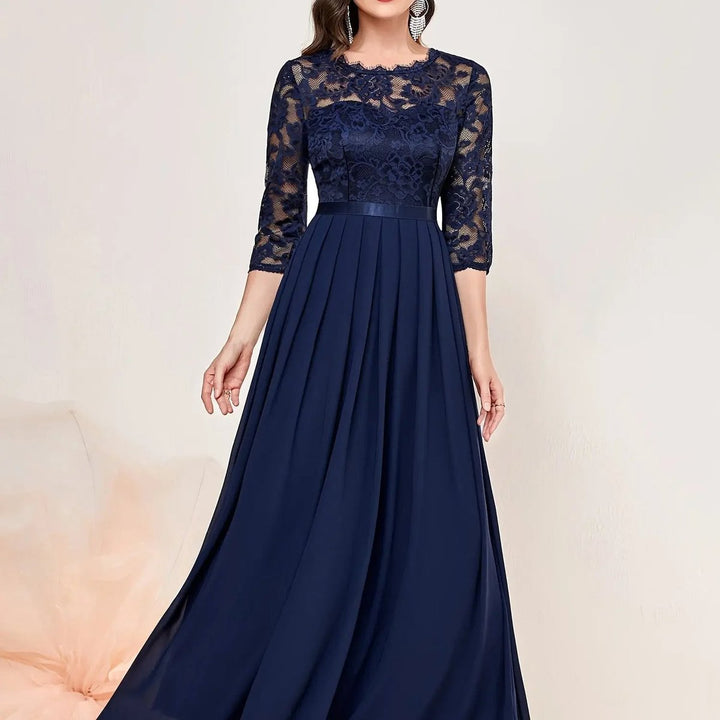 Women's Lace Bodice Quarter-Sleeve Pleated Formal Dresses Maxi Gown - Blue