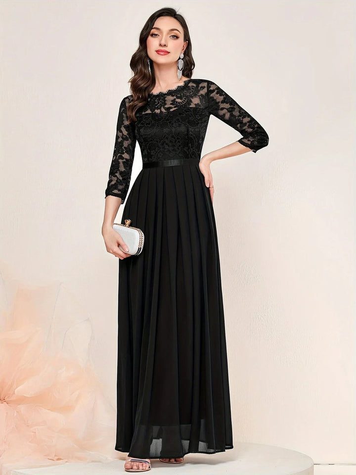 Women's Lace Bodice Quarter-Sleeve Pleated Formal Dresses Maxi Gown - Black
