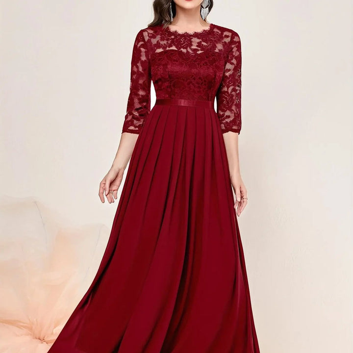 Women's Lace Bodice Quarter-Sleeve Pleated Formal Dresses Maxi Gown - Red