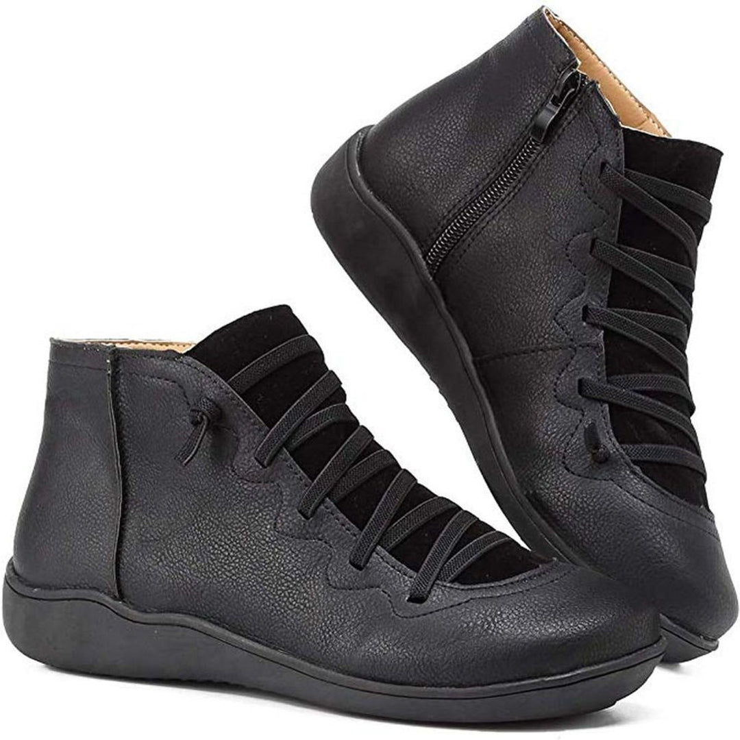 Women's Lace-Up Side-Zip Flat Leather Ankle Boots - Black