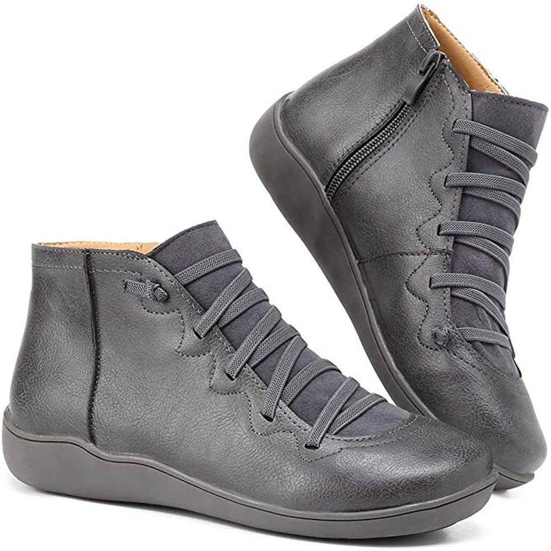 Women's Lace-Up Side-Zip Flat Leather Ankle Boots - Grey