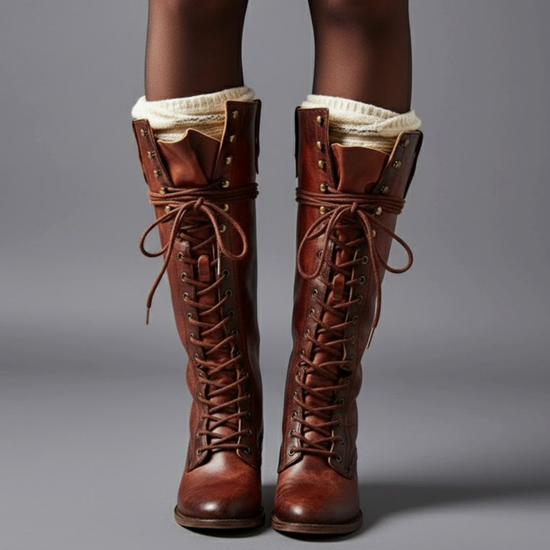Women's Lace-Up Studded Block Heel Knee-High Boots - Red Brown