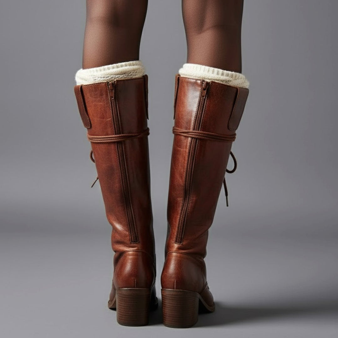 Women's Lace-Up Studded Block Heel Knee-High Boots
