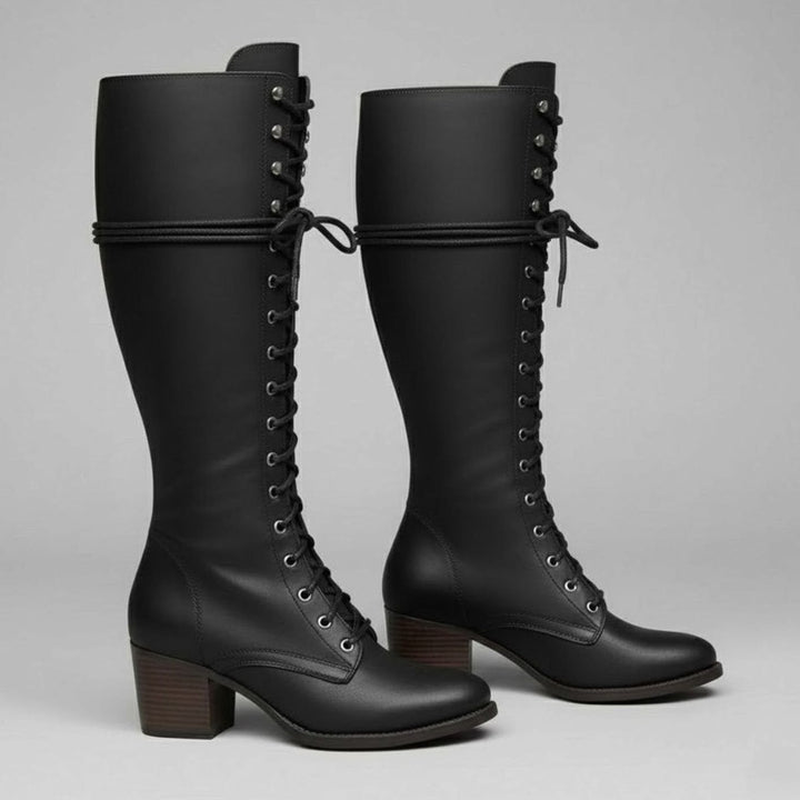 Women's Lace-Up Studded Block Heel Knee-High Boots