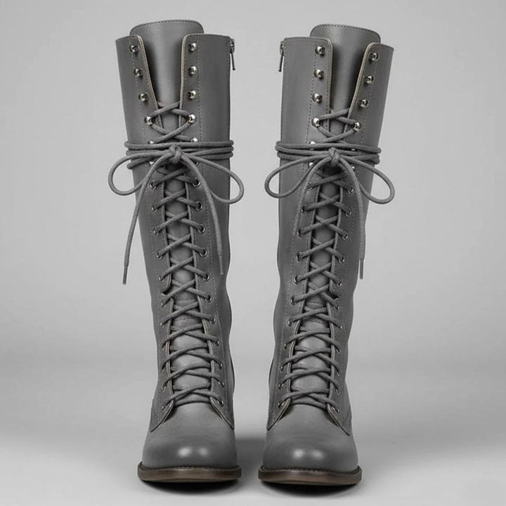 Women's Lace-Up Studded Block Heel Knee-High Boots