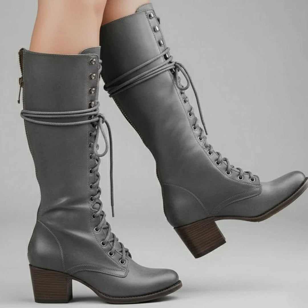 Women's Lace-Up Studded Block Heel Knee-High Boots - Grey