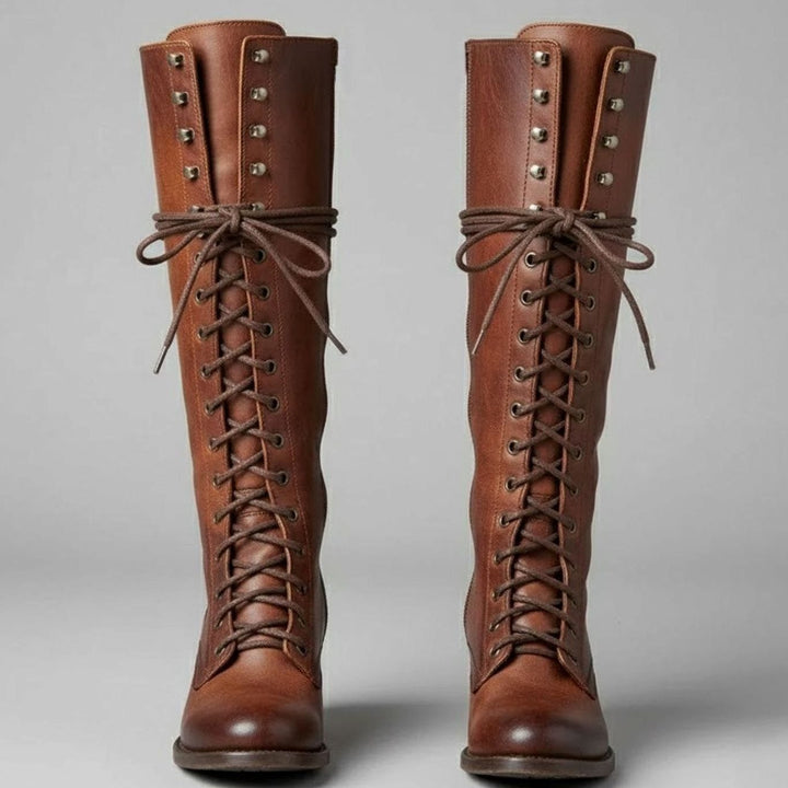 Women's Lace-Up Studded Block Heel Knee-High Boots - Brown