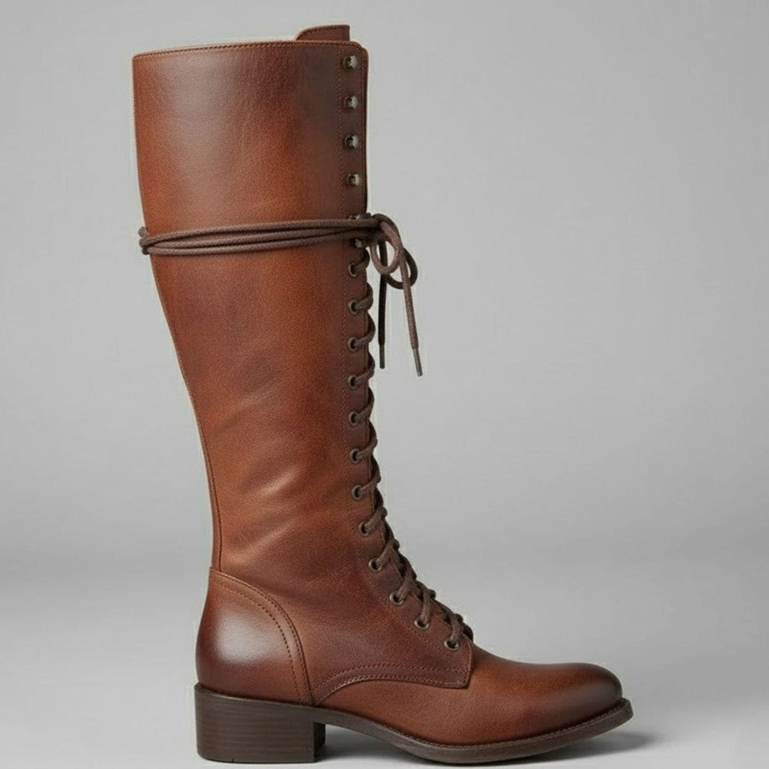 Women's Lace-Up Studded Block Heel Knee-High Boots