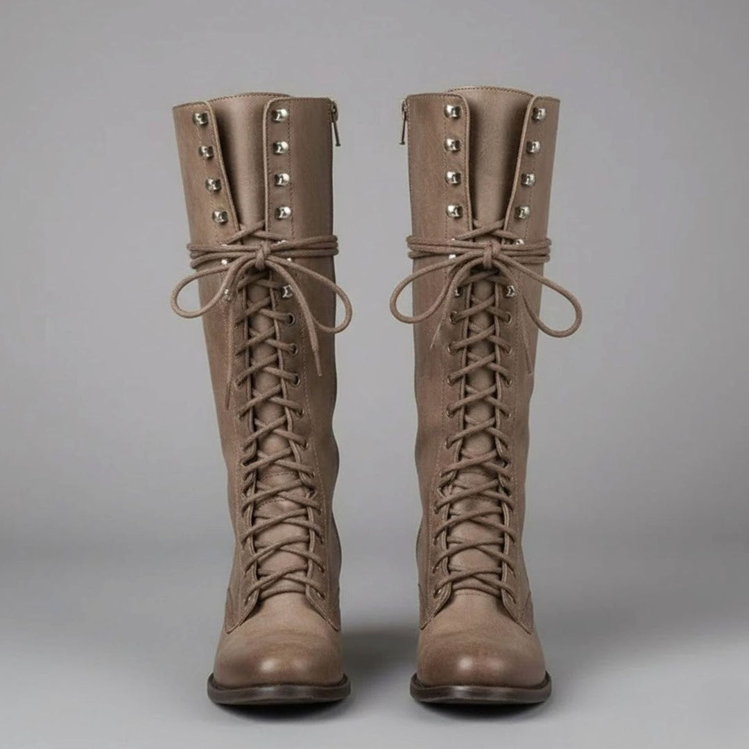 Women's Lace-Up Studded Block Heel Knee-High Boots - Khaki