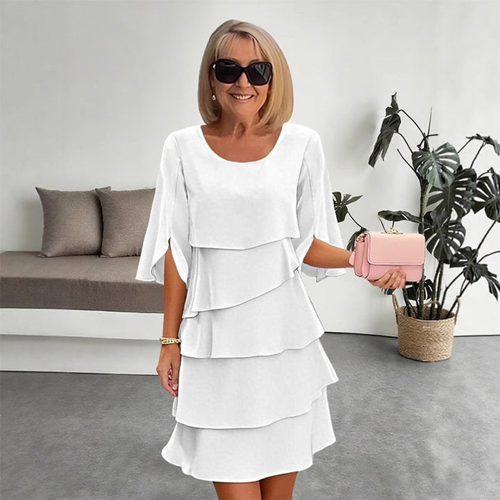 Women's Layered Ruffle-Sleeve Tiered Midi Dress - White
