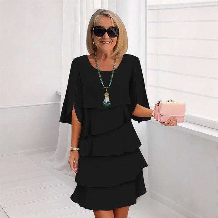 Women's Layered Ruffle-Sleeve Tiered Midi Dress - Black