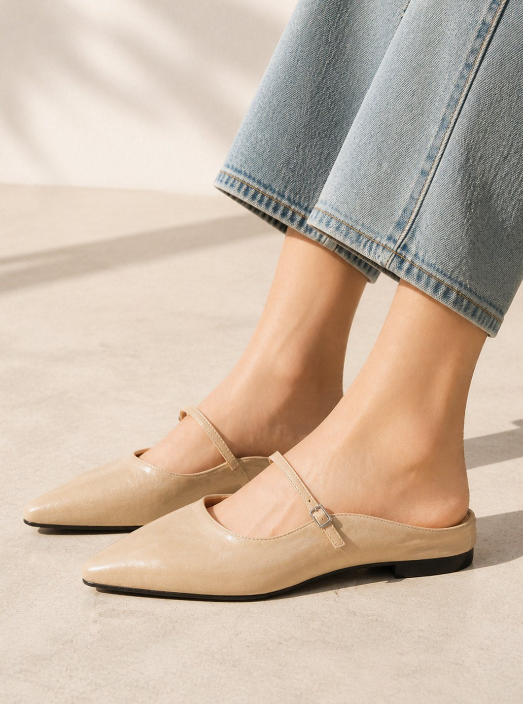 Women's Leather Pointed-Toe Mary Jane Slip-On Mules - Beige