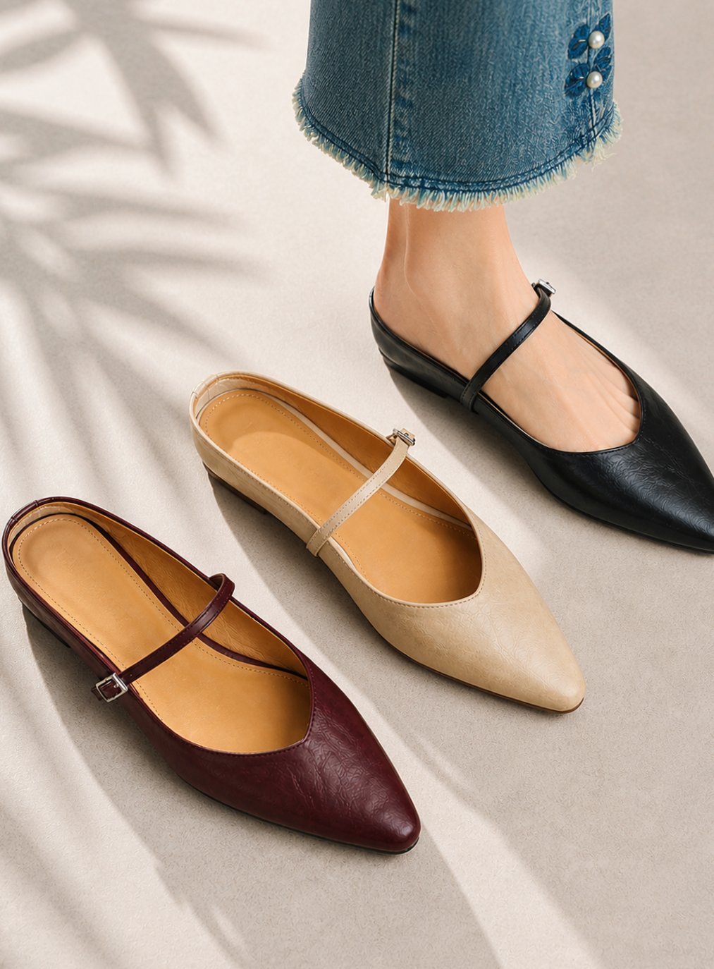 Women's Leather Pointed-Toe Mary Jane Slip-On Mules