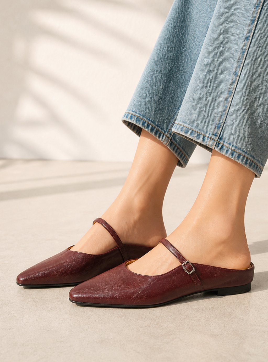 Women's Leather Pointed-Toe Mary Jane Slip-On Mules - Wine Red