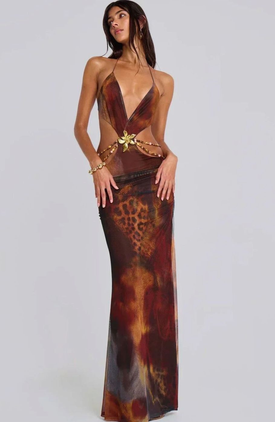 Women's Leopard Print Deep V-Neck Cut-Out Maxi Dress