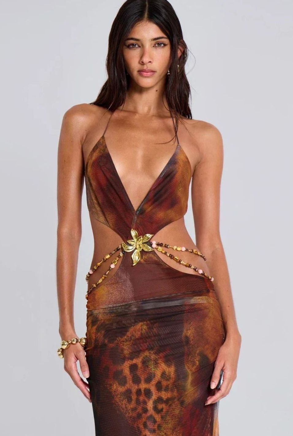 Women's Leopard Print Deep V-Neck Cut-Out Maxi Dress - Leopard