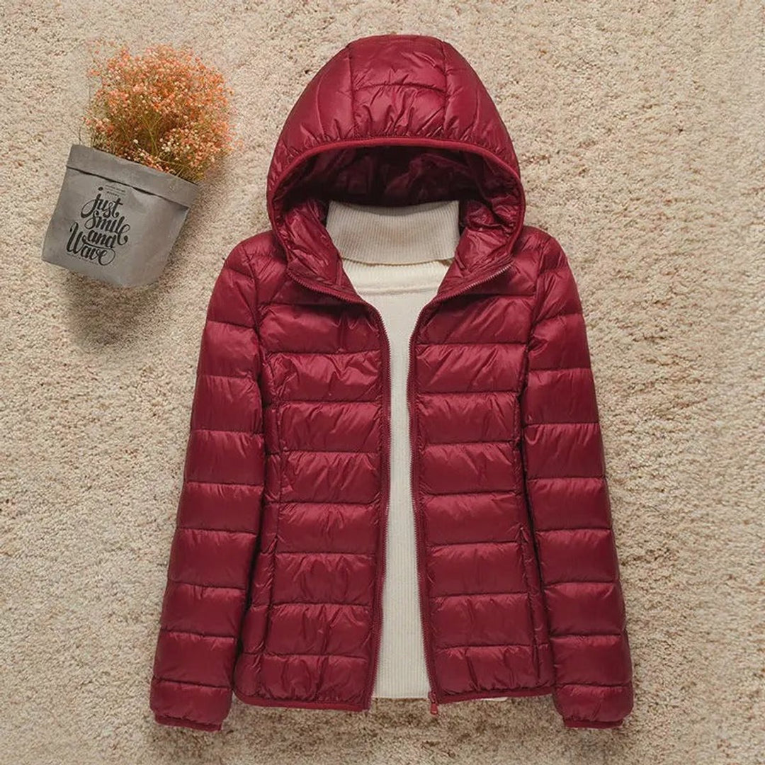 Women's Lightweight Hooded Quilted Jacket Puffer Coat - Bordeaux Red