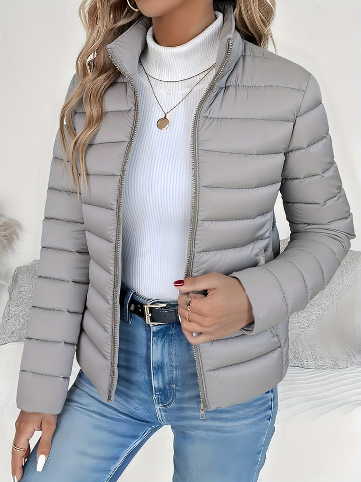 Women's Lightweight Quilted Zip-Up Puffer Coat Stand Collar - Grey