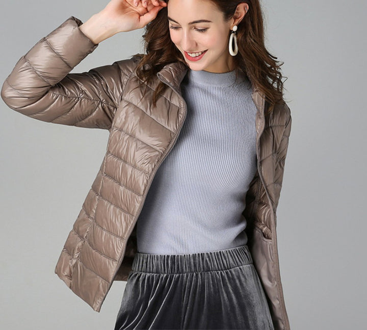 Women's Lightweight Quilted Zip-Up Puffer Coat Stand Collar - Khaki