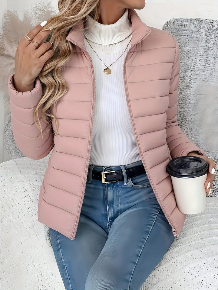 Women's Lightweight Quilted Zip-Up Puffer Coat Stand Collar - Pink
