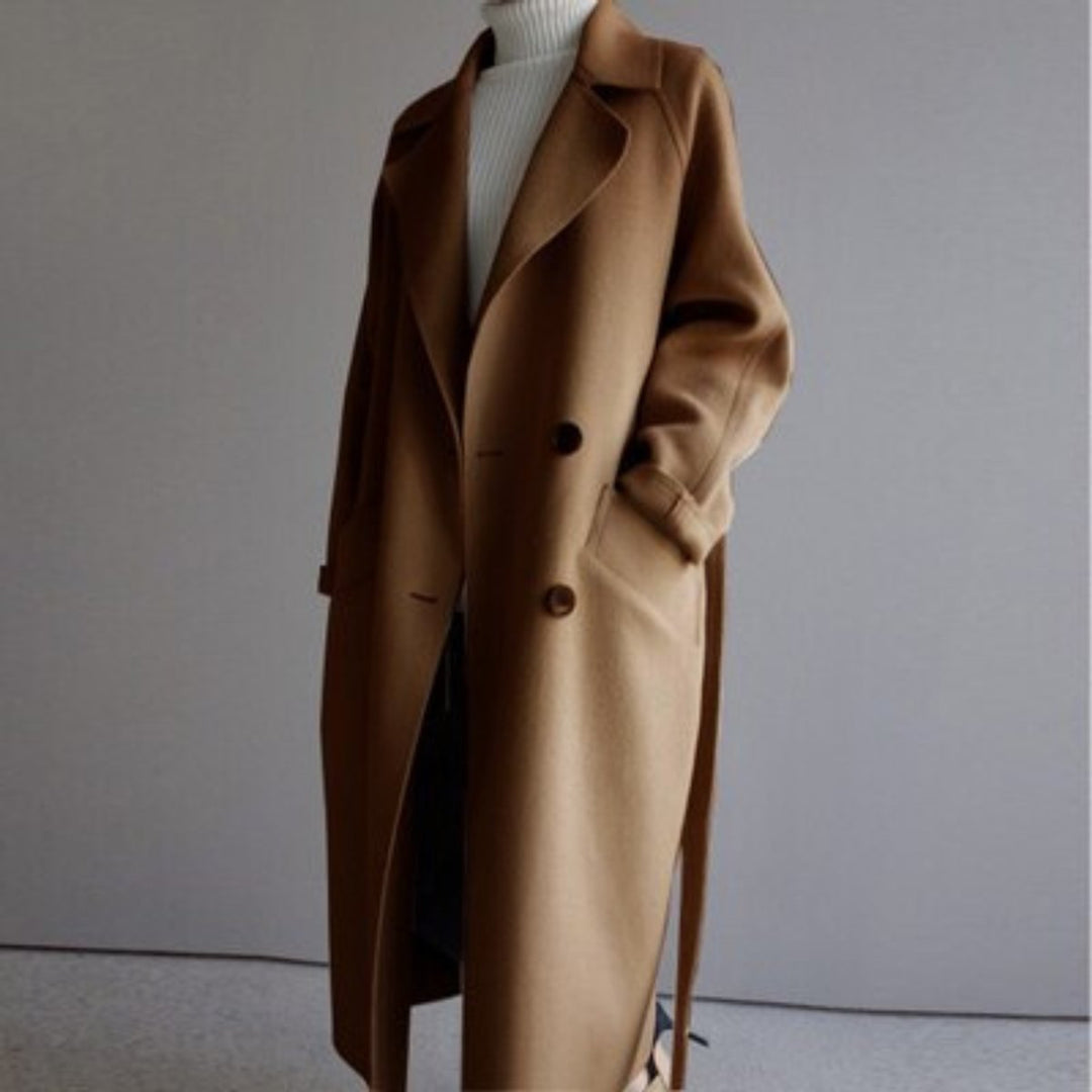 Women's Long Double-Breasted Cashmere Blend Coat - Caramel