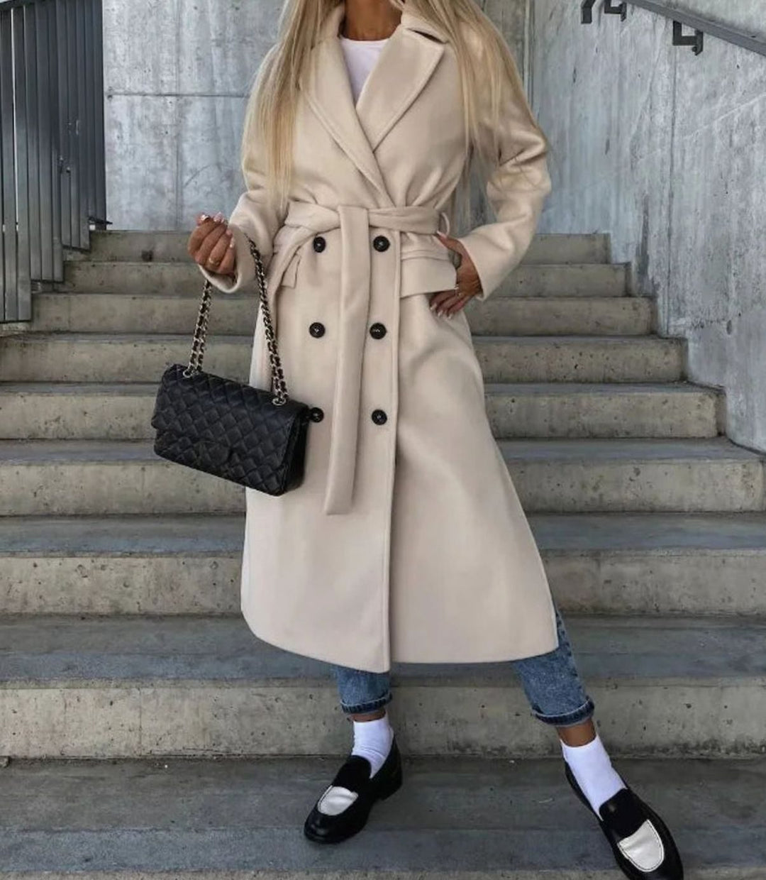 Women's Long Lapel Double-Button Front Coat - Khaki