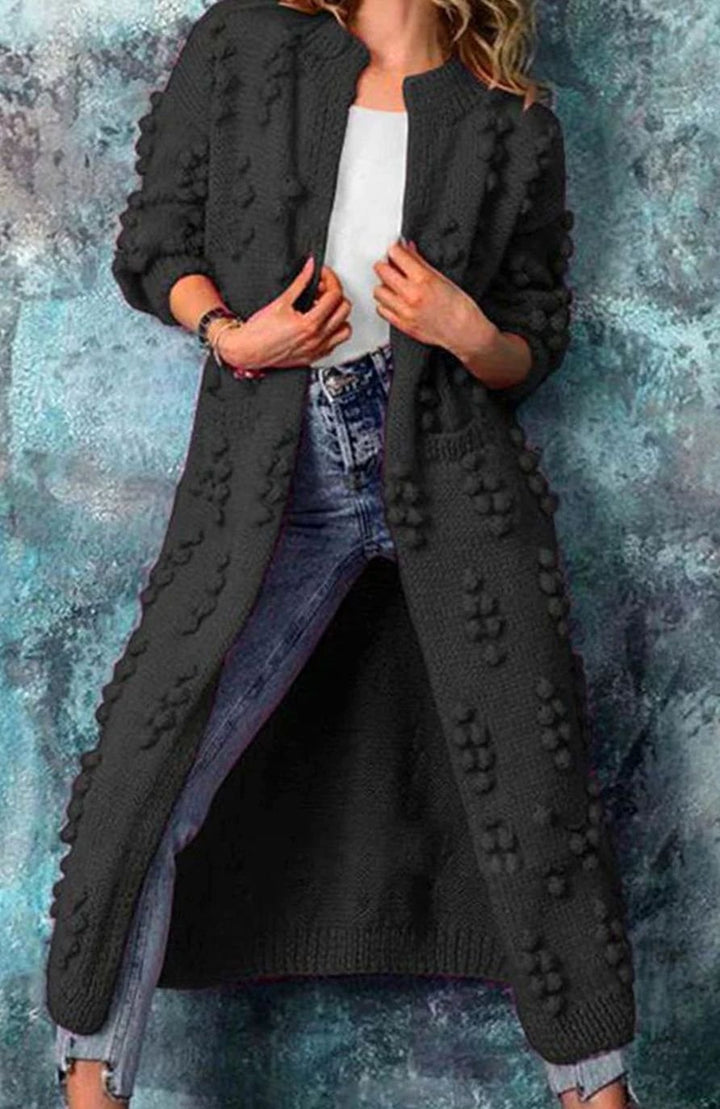Women's Long Pom-Detail Open-Front Knitted Cardigan Sweater - Black