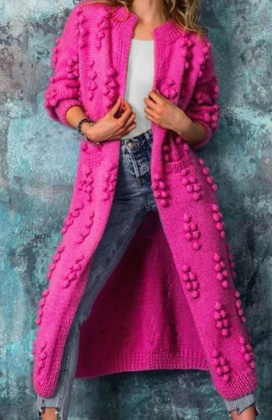Women's Long Pom-Detail Open-Front Knitted Cardigan Sweater - Pink