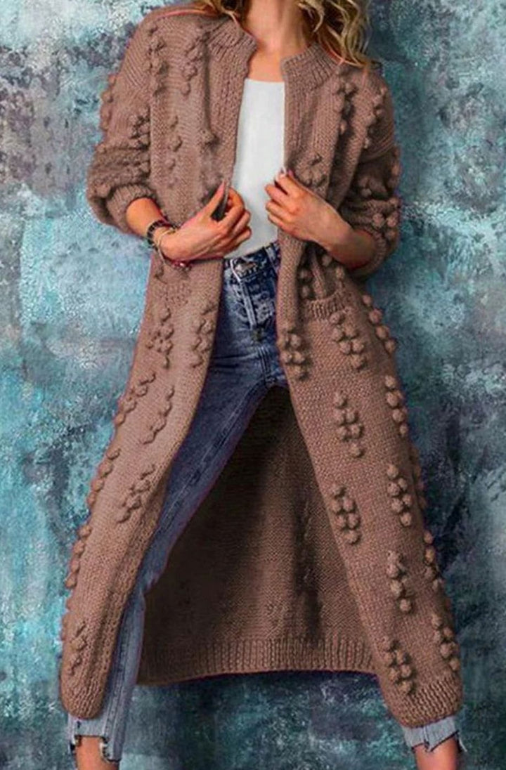 Women's Long Pom-Detail Open-Front Knitted Cardigan Sweater - Brown