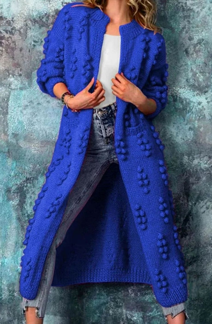Women's Long Pom-Detail Open-Front Knitted Cardigan Sweater - Blue