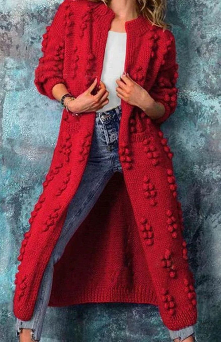 Women's Long Pom-Detail Open-Front Knitted Cardigan Sweater - Red