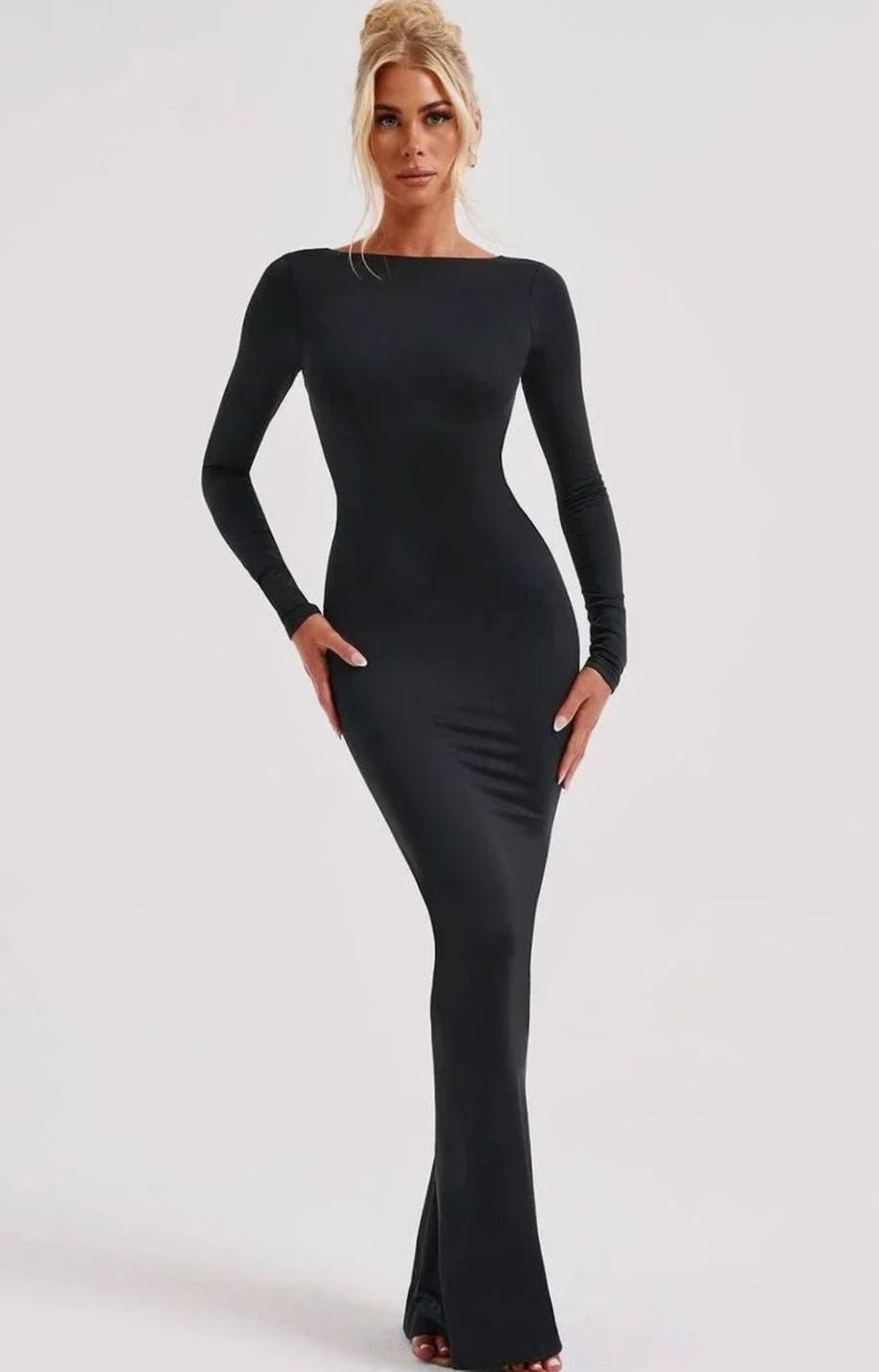 Women's Long Sleeve Backless Maxi Dress Ruched Bodycon