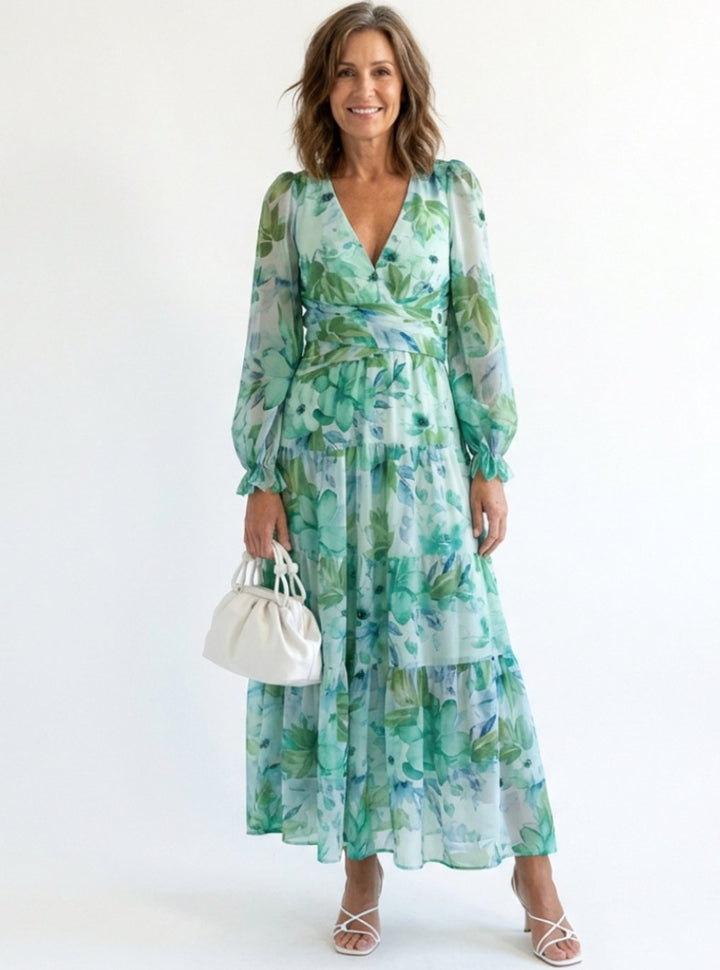 Women's Long Sleeve Floral Maxi Spring Dress Tiered Chiffon - Green