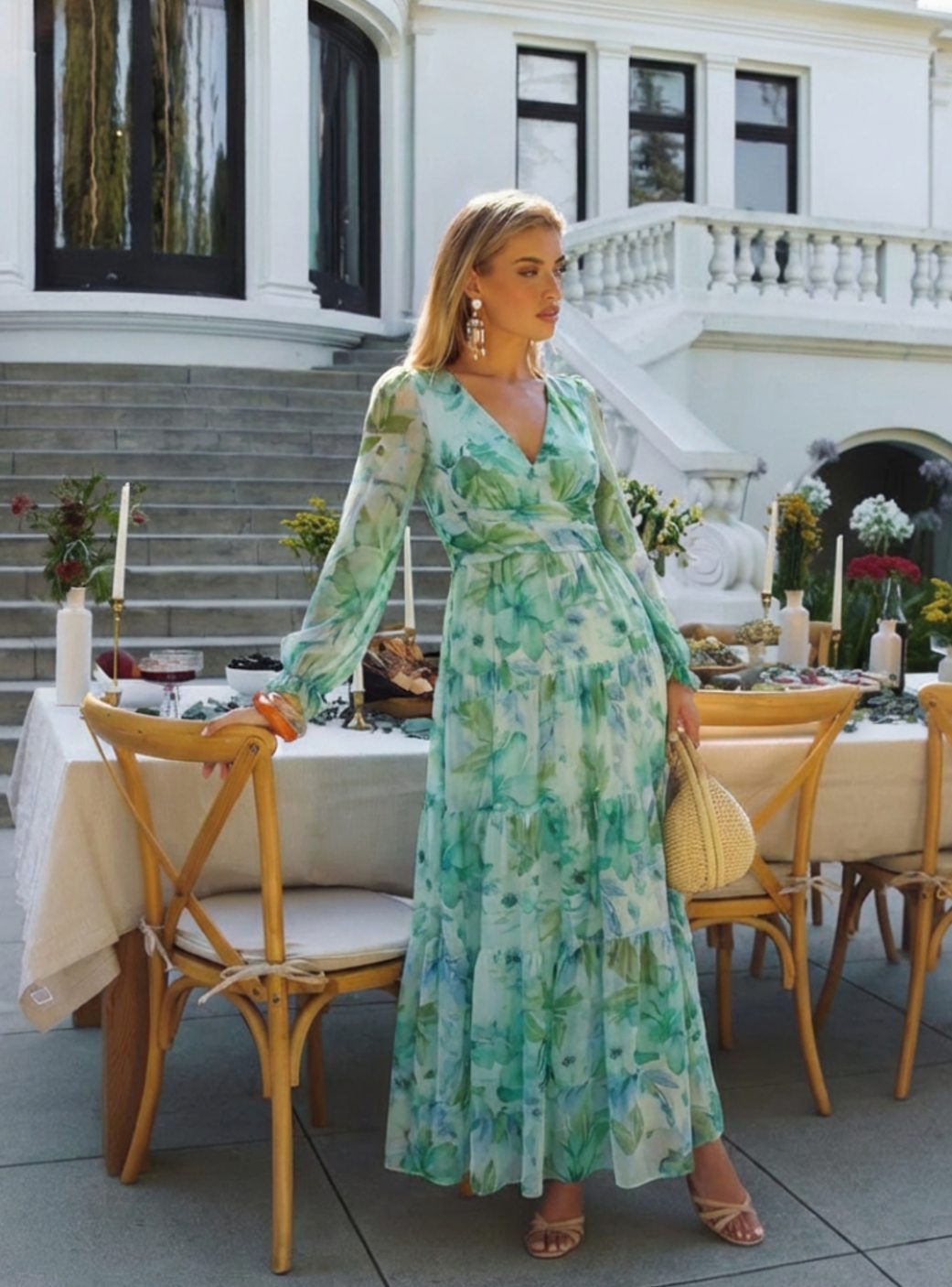 Women's Long Sleeve Floral Maxi Spring Dress Tiered Chiffon