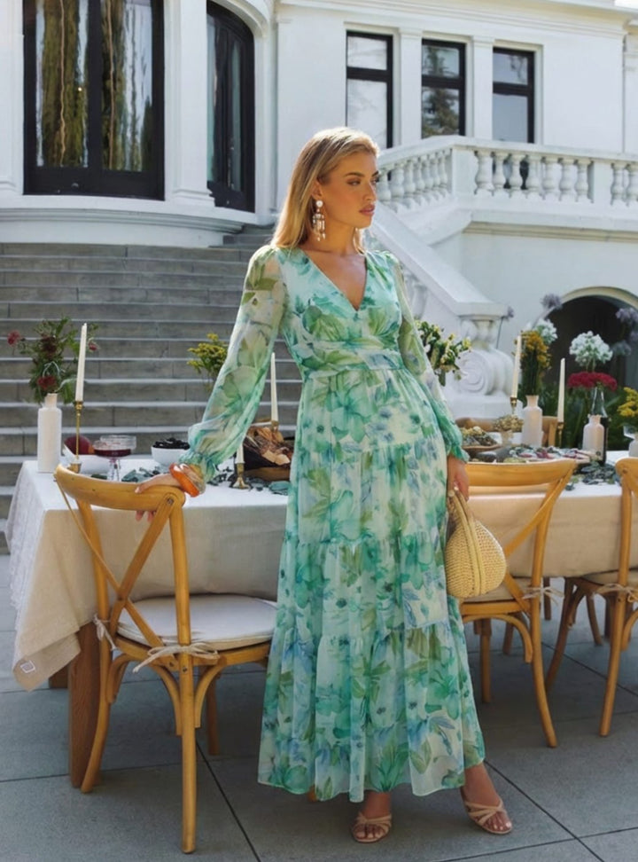 Women's Long Sleeve Floral Maxi Spring Dress Tiered Chiffon