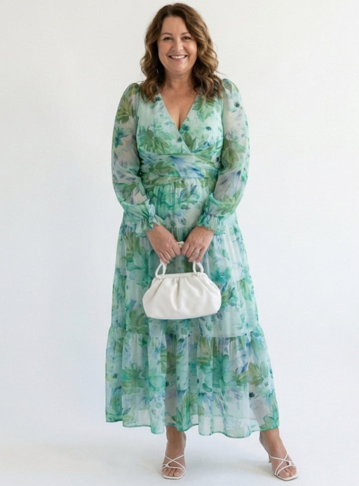 Women's Long Sleeve Floral Maxi Spring Dress Tiered Chiffon