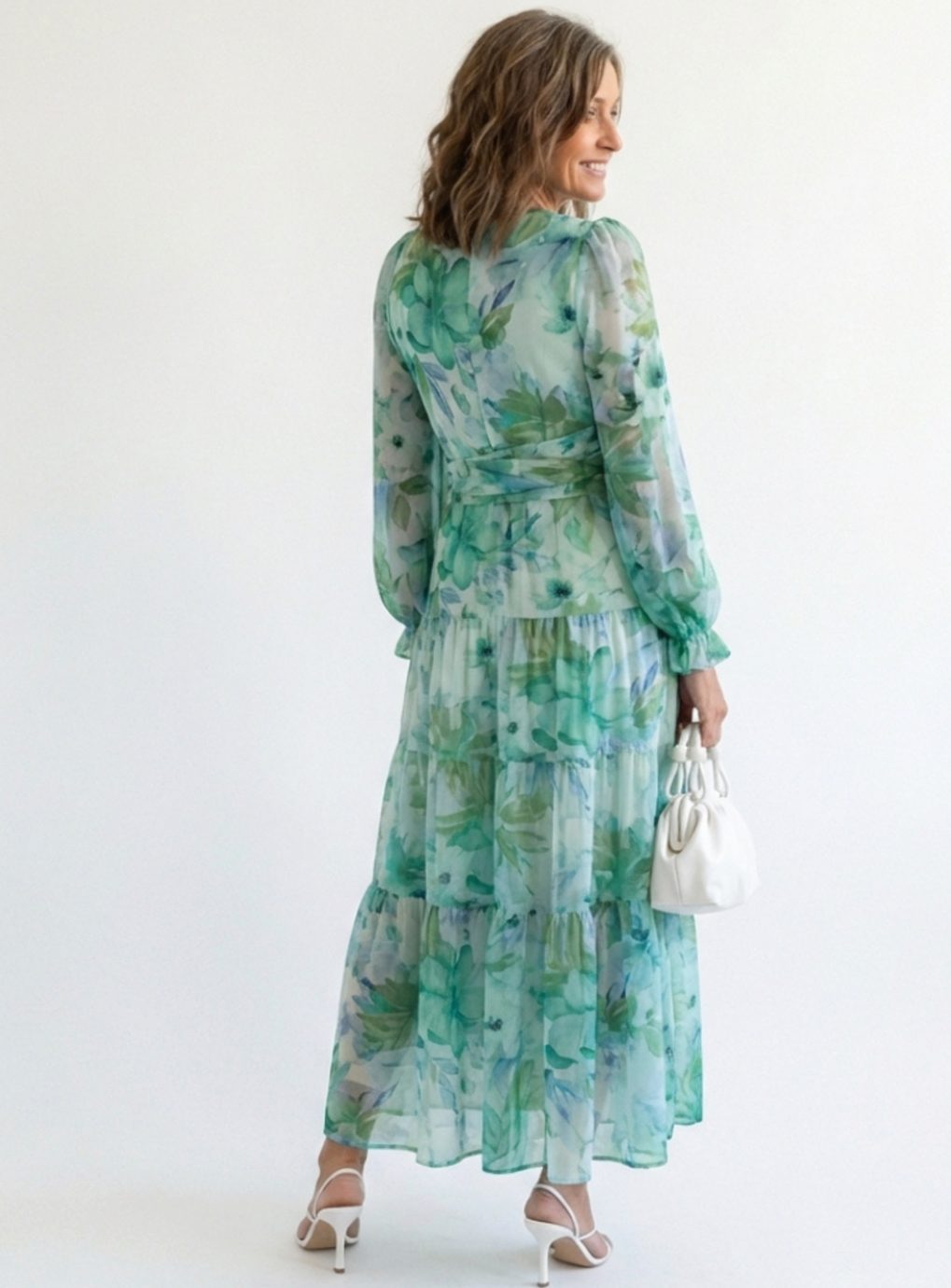Women's Long Sleeve Floral Maxi Spring Dress Tiered Chiffon