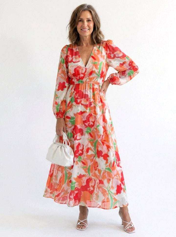 Women's Long Sleeve Floral Maxi Spring Dress Tiered Chiffon - Orange