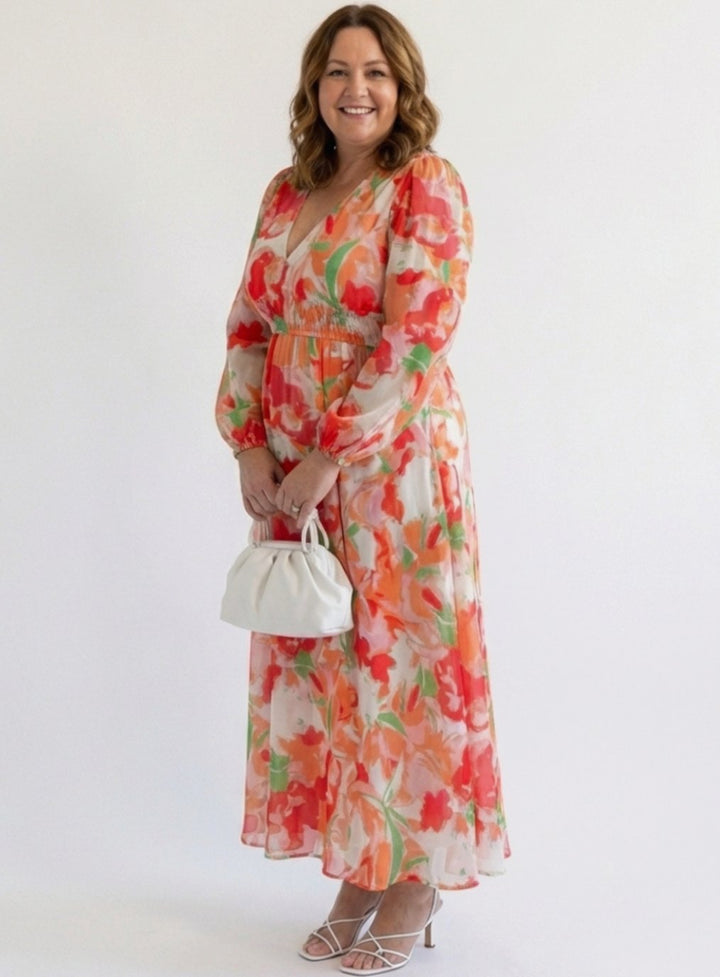 Women's Long Sleeve Floral Maxi Spring Dress Tiered Chiffon