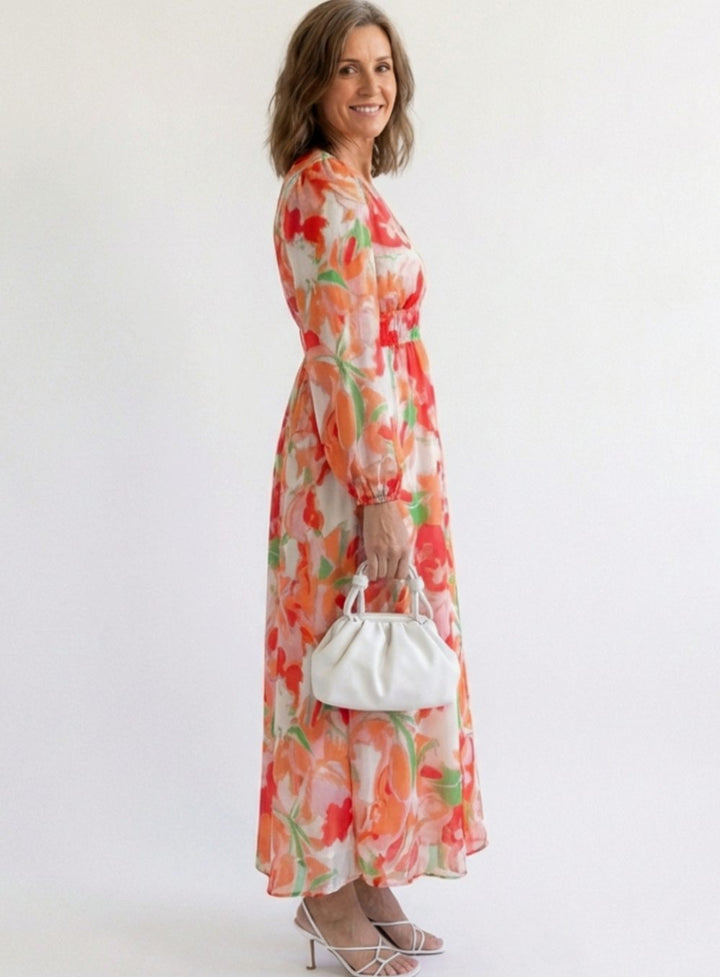 Women's Long Sleeve Floral Maxi Spring Dress Tiered Chiffon