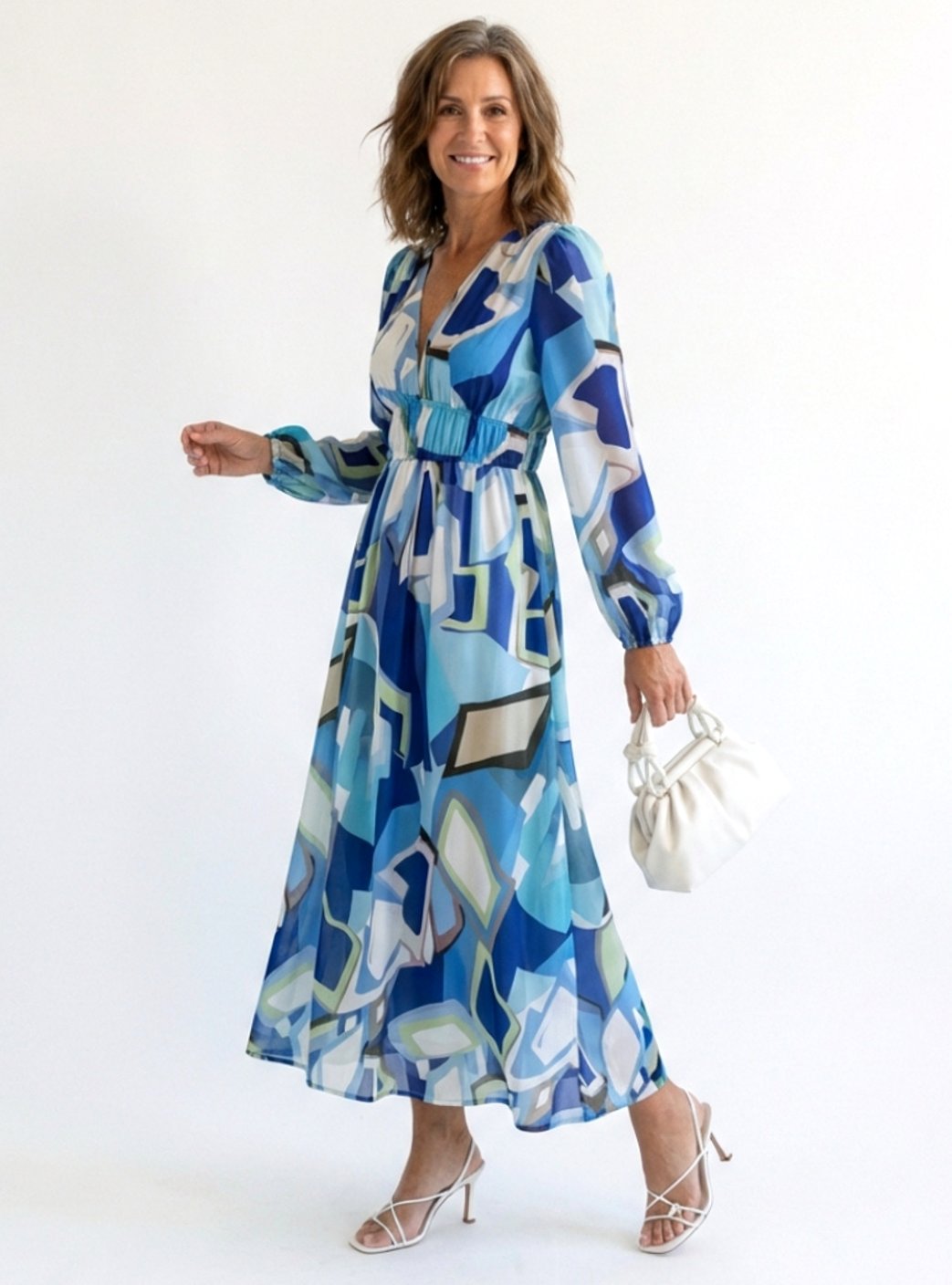 Women's Long Sleeve Floral Maxi Spring Dress Tiered Chiffon - Blue