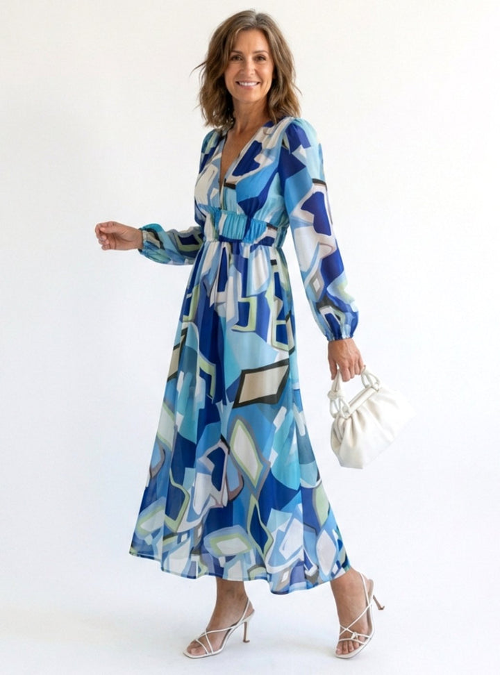 Women's Long Sleeve Floral Maxi Spring Dress Tiered Chiffon - Blue