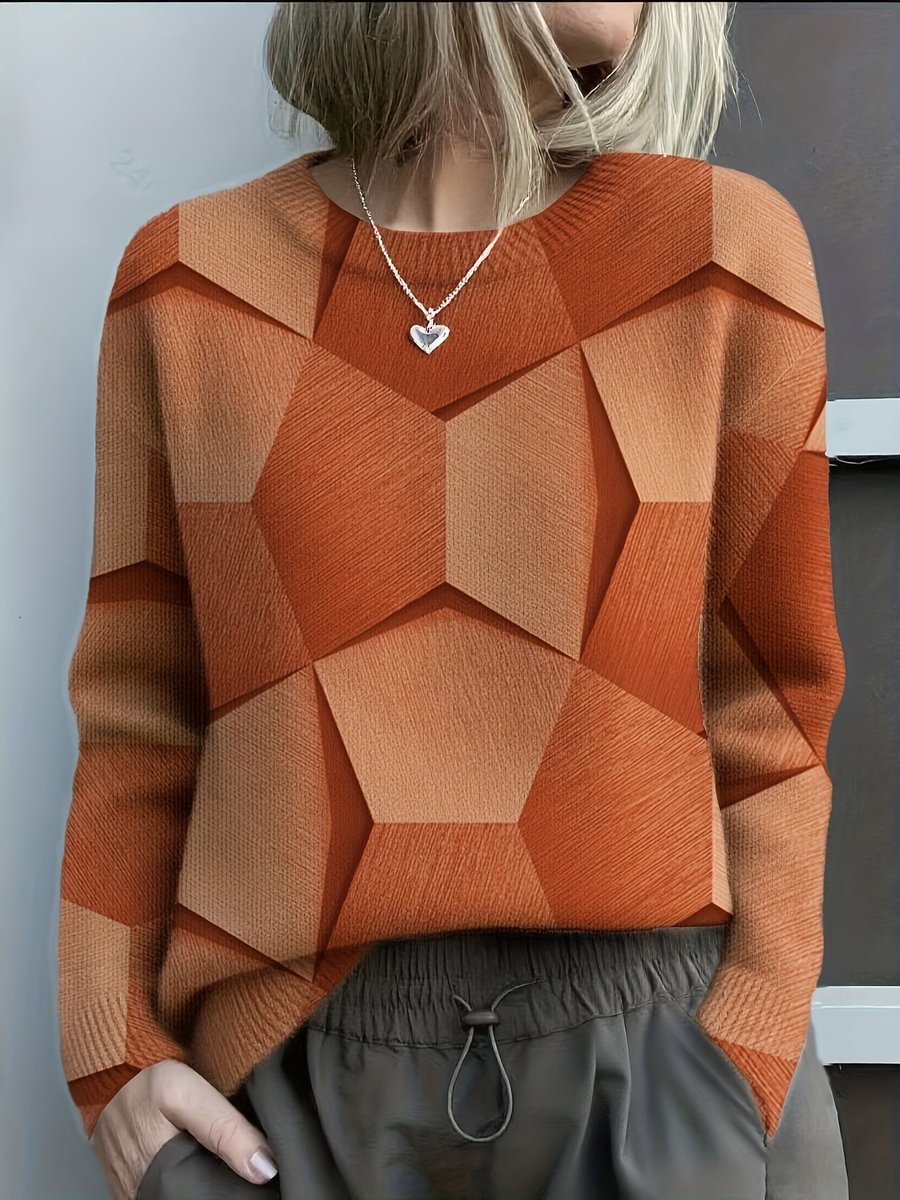Women's Long Sleeve Geometric Print Knit Sweater - Orange