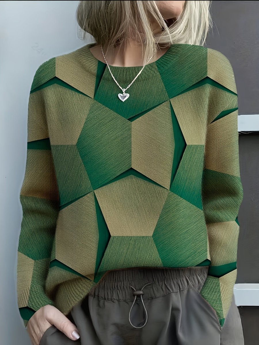 Women's Long Sleeve Geometric Print Knit Sweater - Green